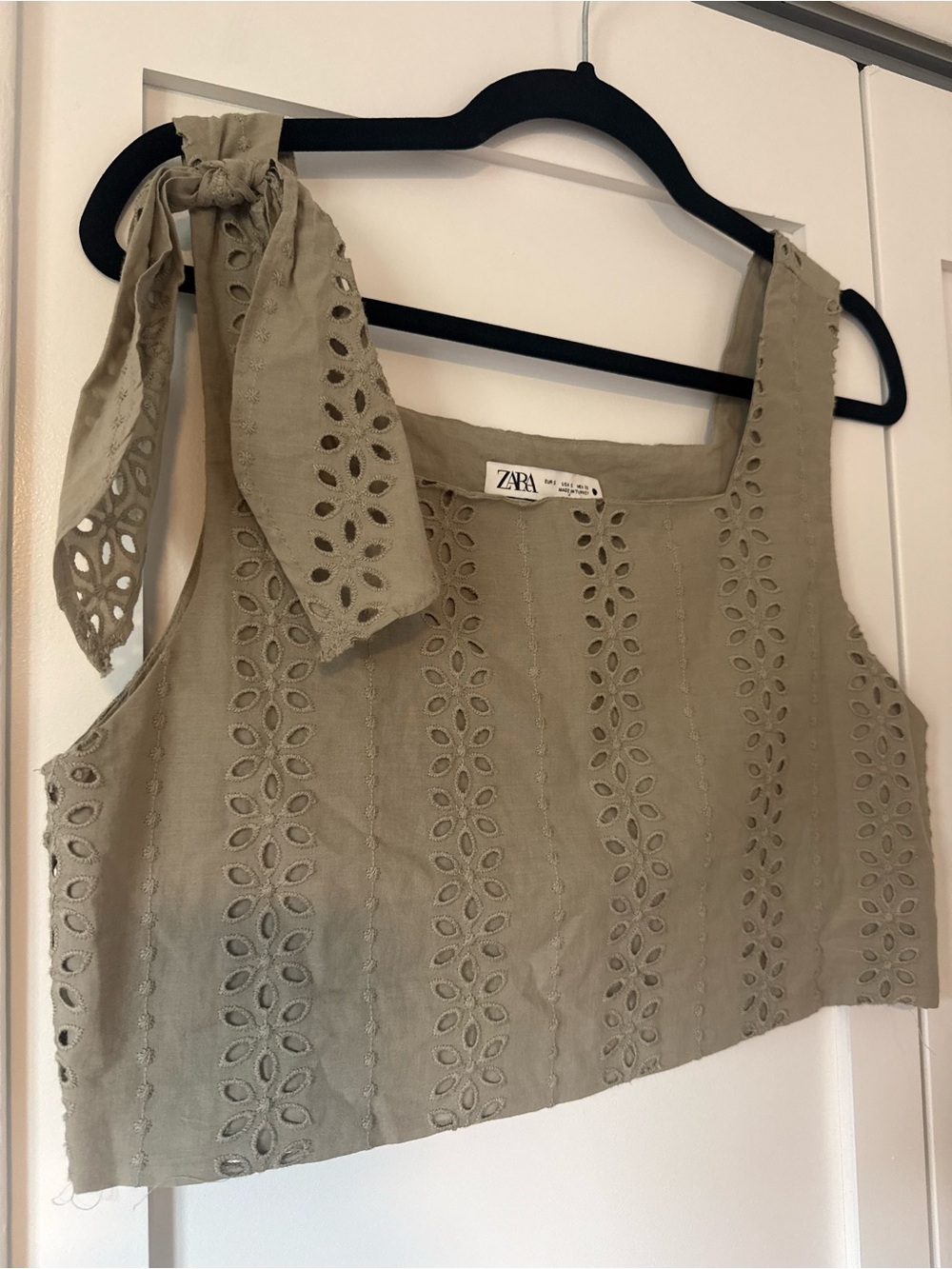 ZARA Olive Green Eyelet Tie-Shoulder Cropped Camisole